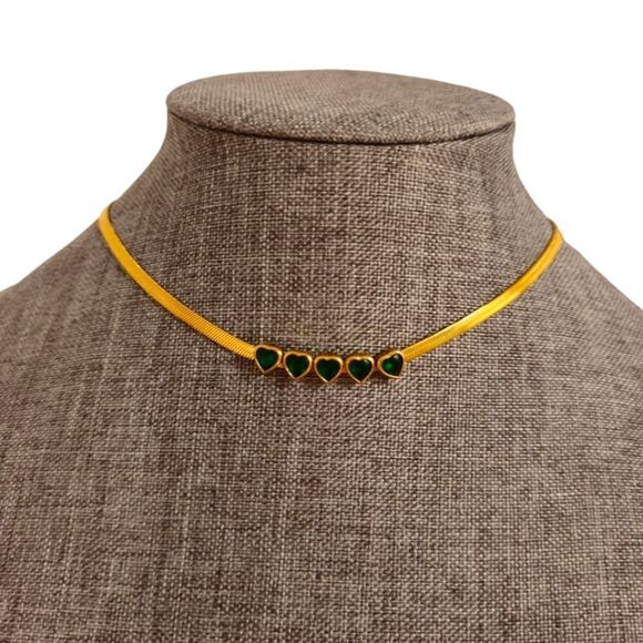 Green Hearts Stainless Steel Crystal Gold-tone Snake Chain Choker Necklace - Picture 2 of 13